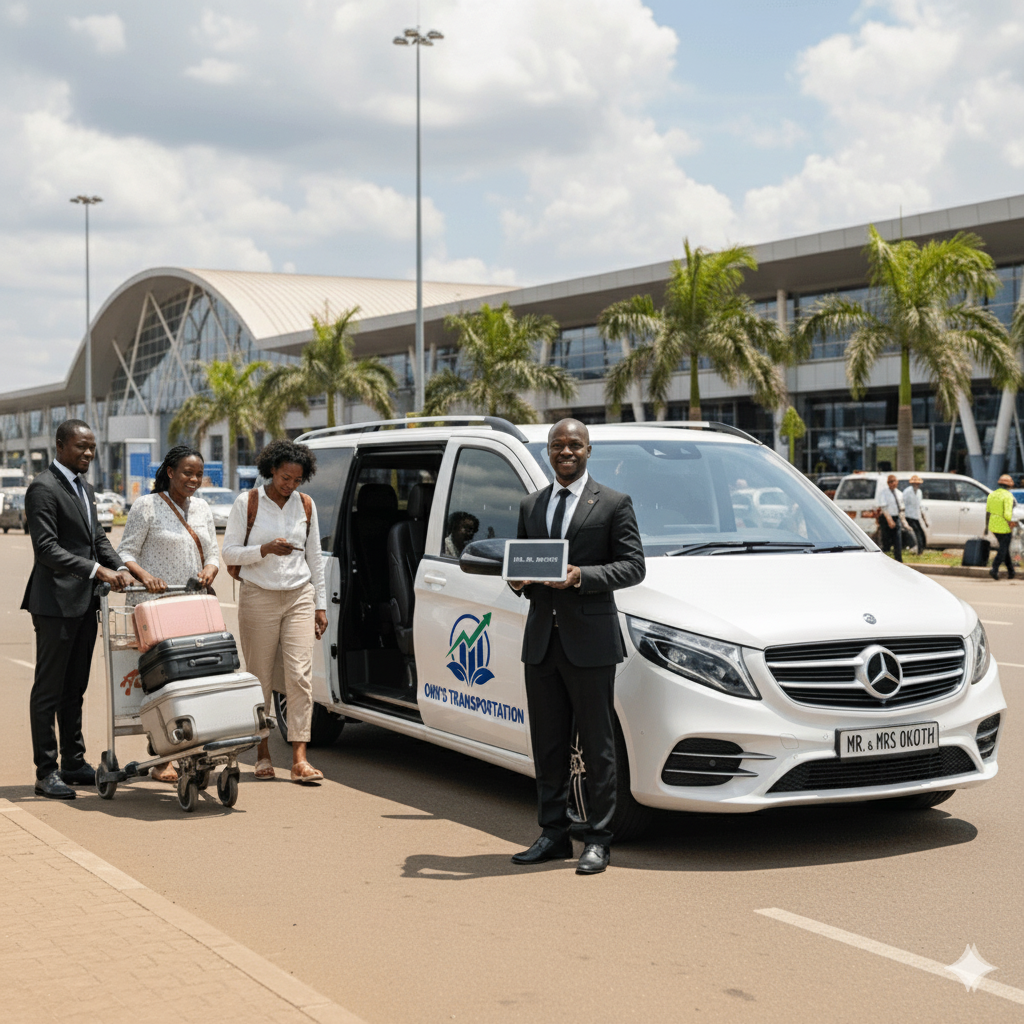 Passenger meeting an OHN'S driver with luggage at Entebbe International Airport.