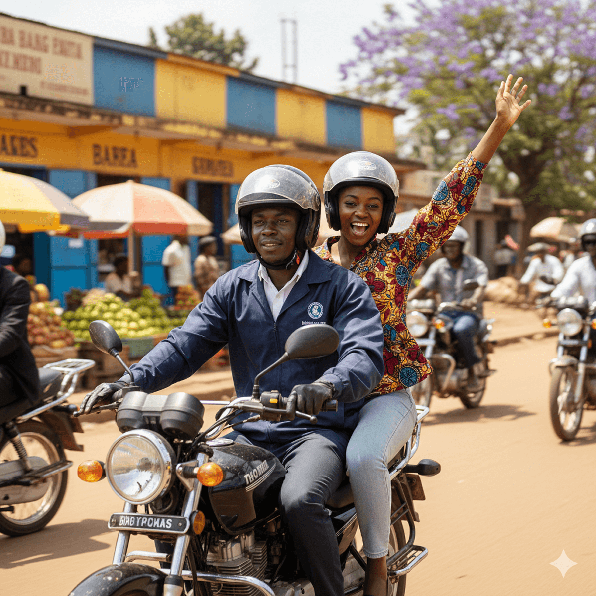 OHN'S Boda Boda rider wearing a helmet in Kampala traffic.