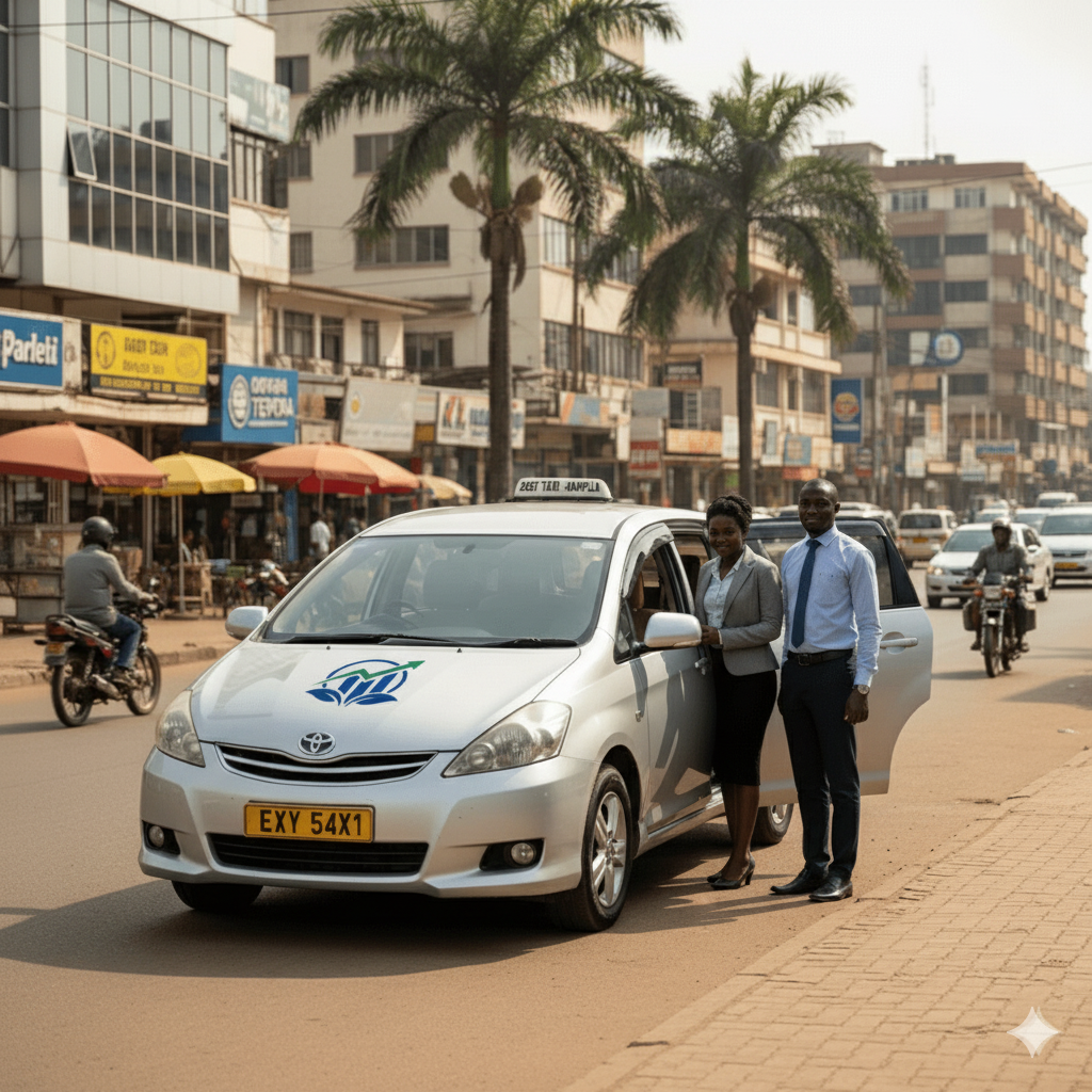 OHN'S Branded modern sedan taxi driving in an urban area.
